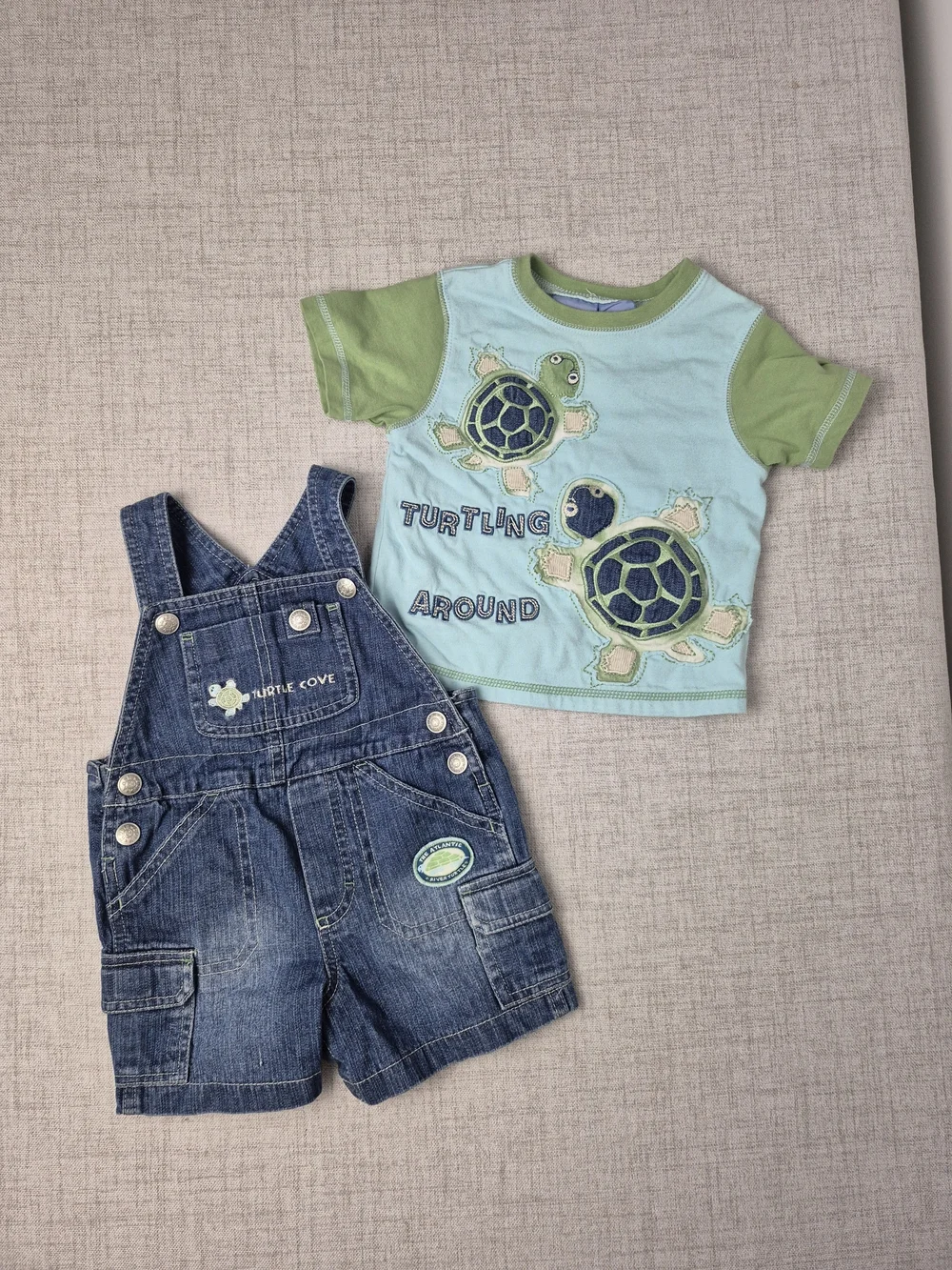 Vintage Y2k Koala Kids Baby Boys 12M Denim Turtle Shortalls & T-Shirt Set